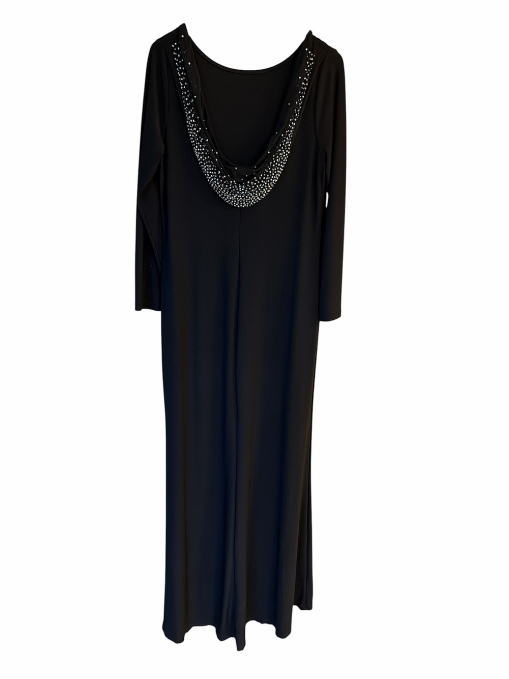 MARINA Black Long-Sleeve Gown with Embellished Back Cowl